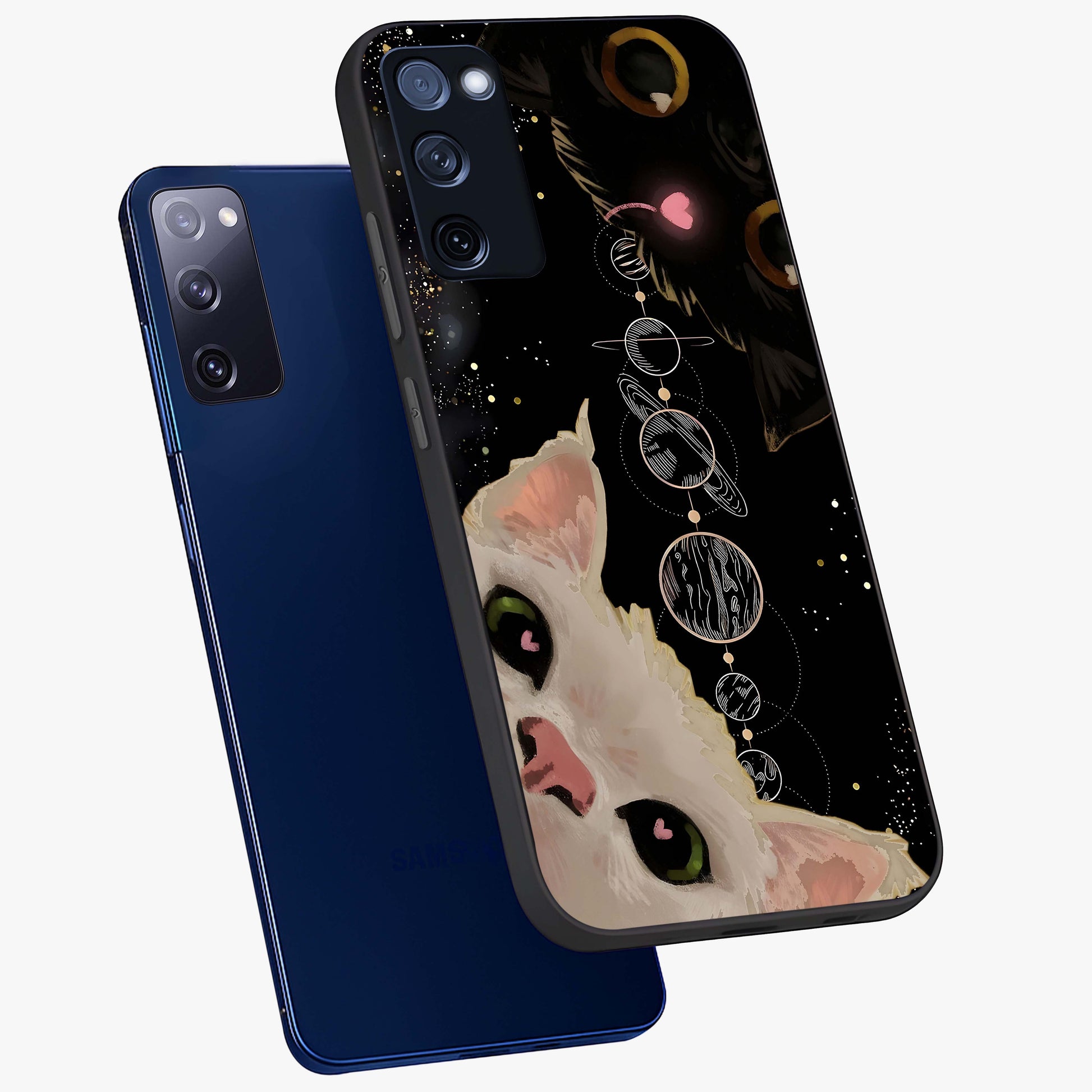 Galactic Cat Glass Case displayed in angled mockup highlighting celestial feline illustration with galaxy aesthetic style.