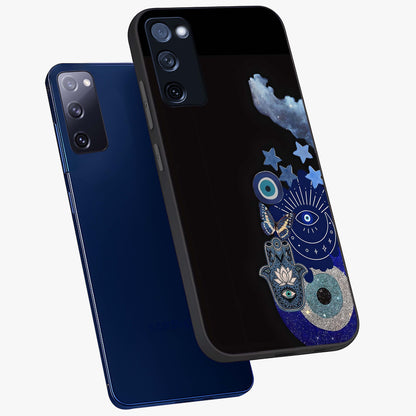 Galactic Charm Cluster Glass Case displayed in angled mockup highlighting luminous galaxy inspired design with dreamy aesthetic.