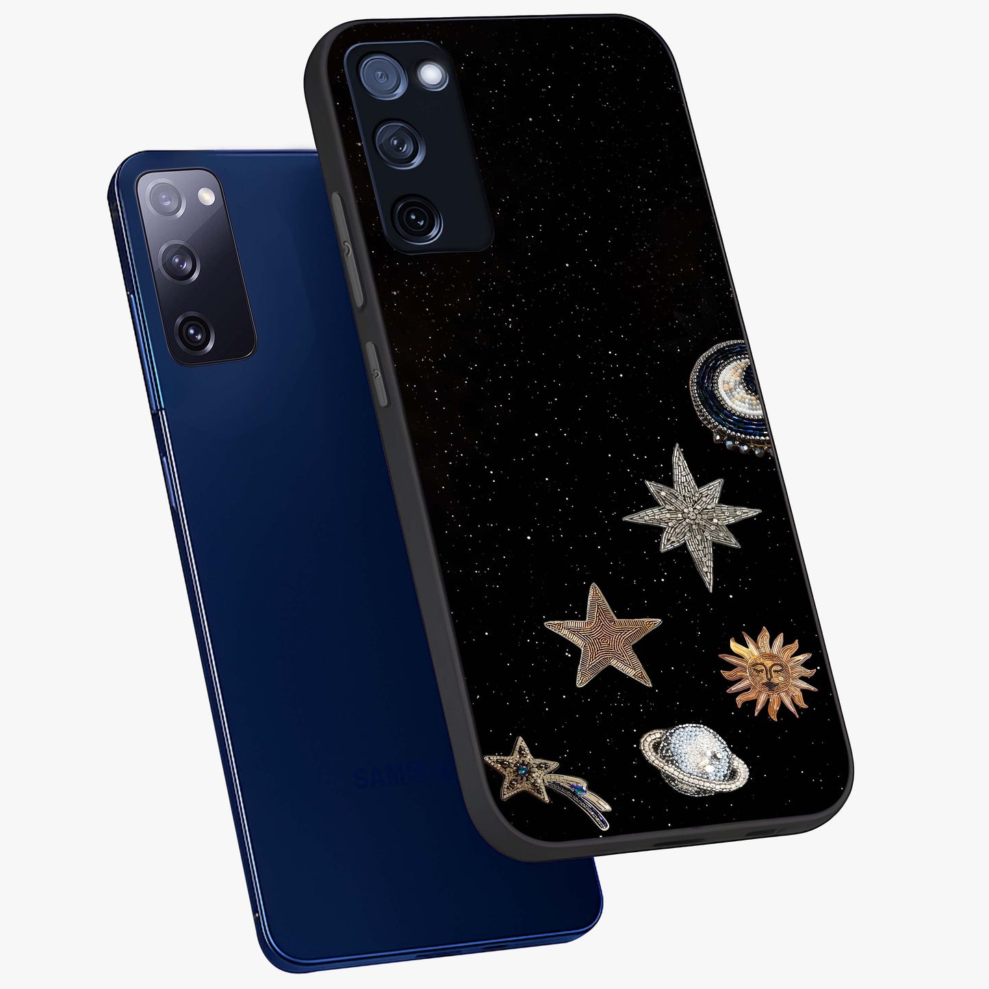 Galactic Charm Glow Glass Case displayed in angled mockup highlighting luminous galaxy inspired design with dreamy aesthetic.