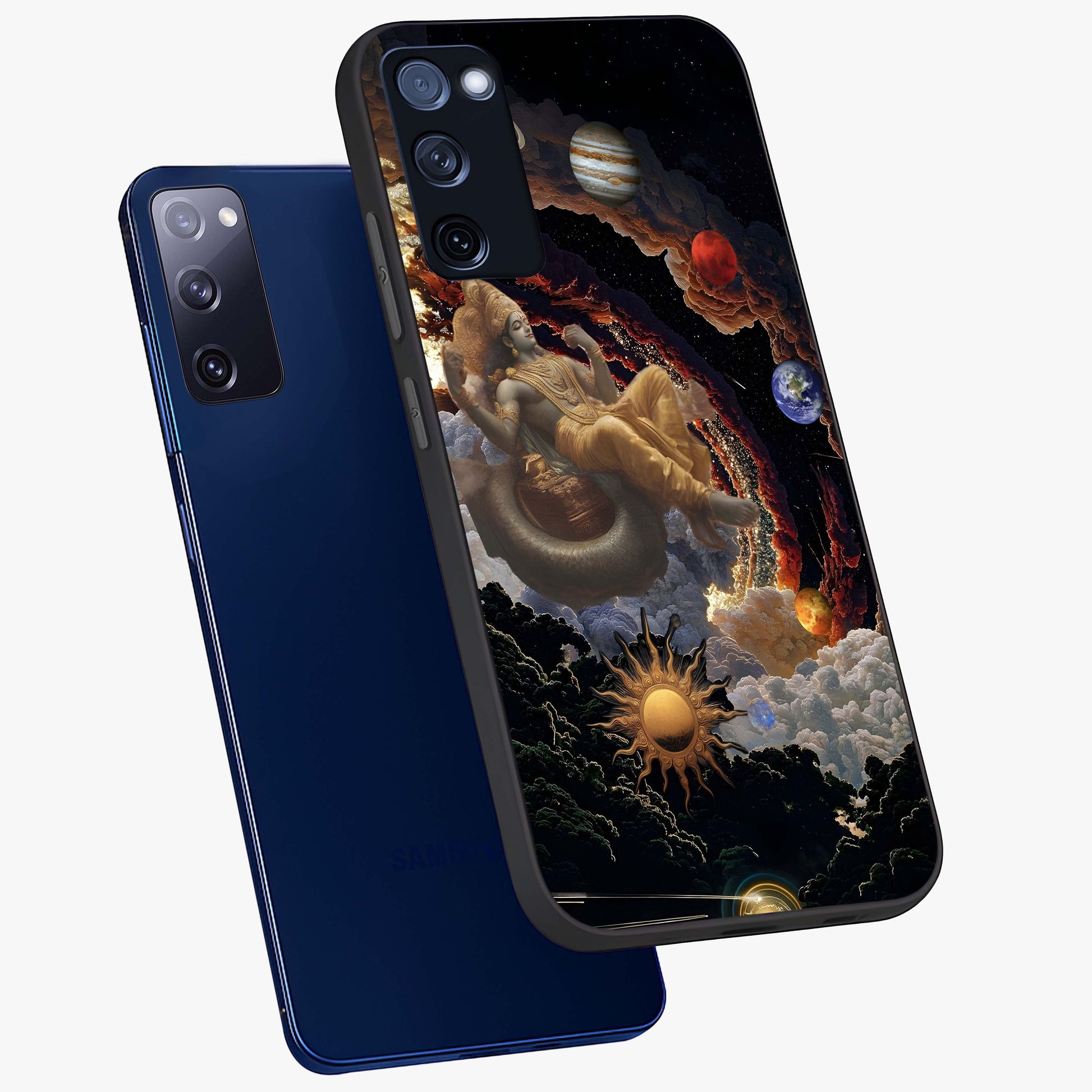 Galactic Divine God Glass Case displayed in angled mockup highlighting powerful celestial deity illustration with galactic aesthetic.
