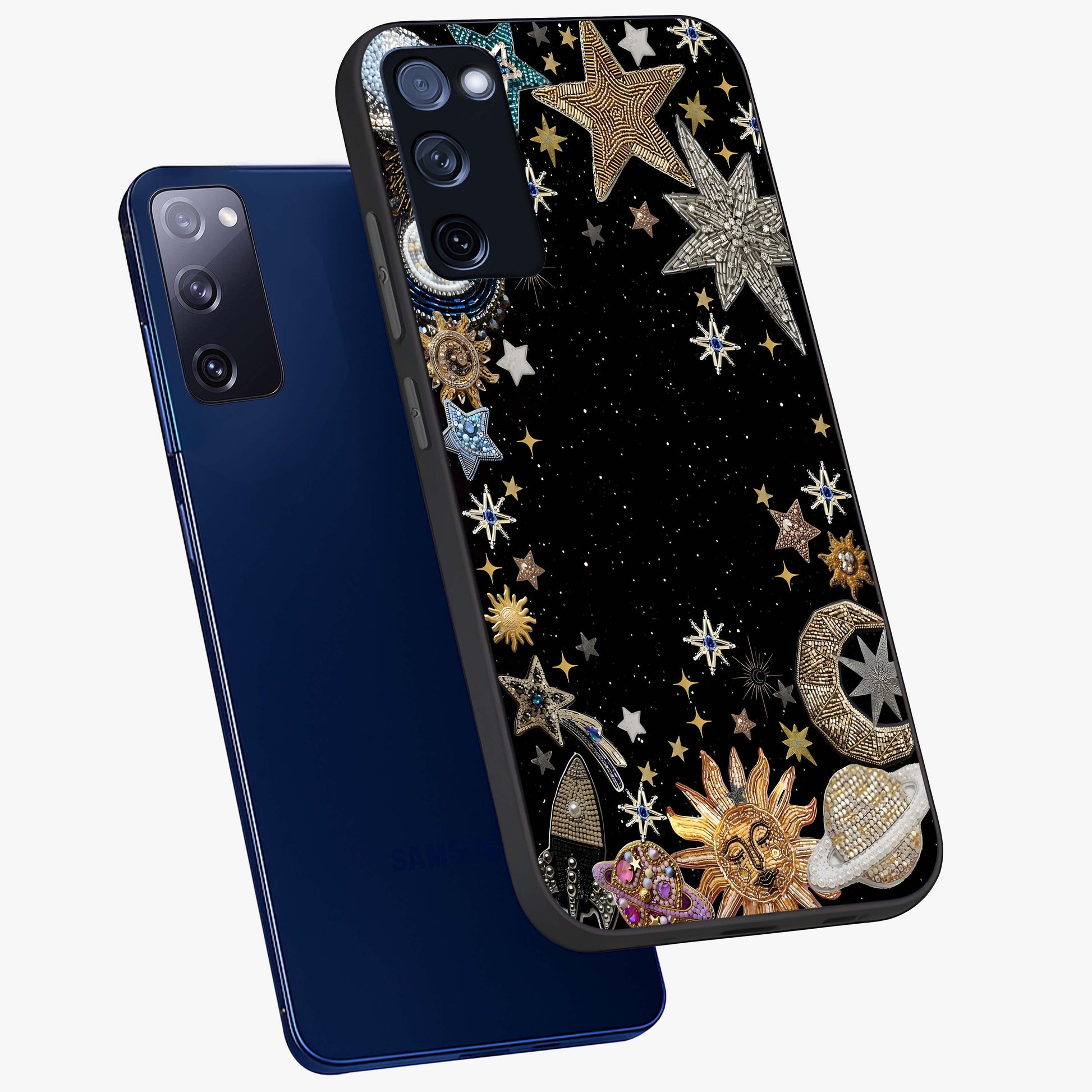 Galactic Jewel Stars Glass Case displayed in angled mockup highlighting shining celestial star design with cosmic aesthetic style.