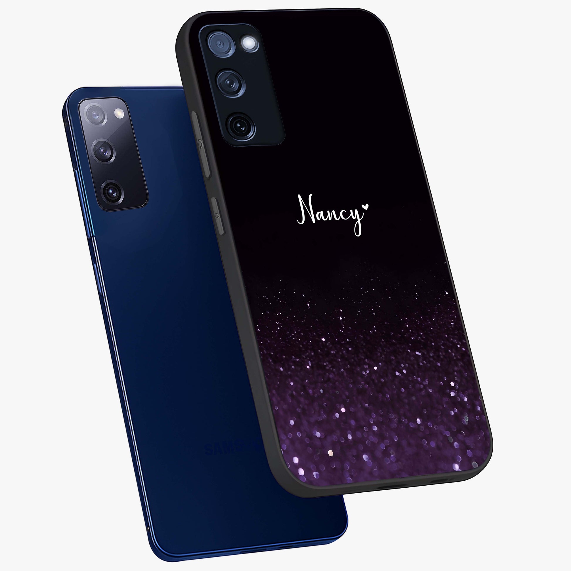 Glittery Purple Bokeh Custom Name Glass Case displayed in angled mockup highlighting glitter bokeh pattern with custom name feature.