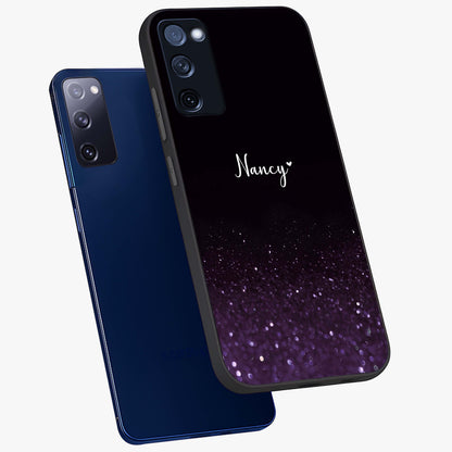 Glittery Purple Bokeh Custom Name Glass Case displayed in angled mockup highlighting glitter bokeh pattern with custom name feature.
