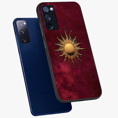 Golden Sun Minimalism Glass Case displayed in angled mockup highlighting clean sun symbol design with modern minimal aesthetic.