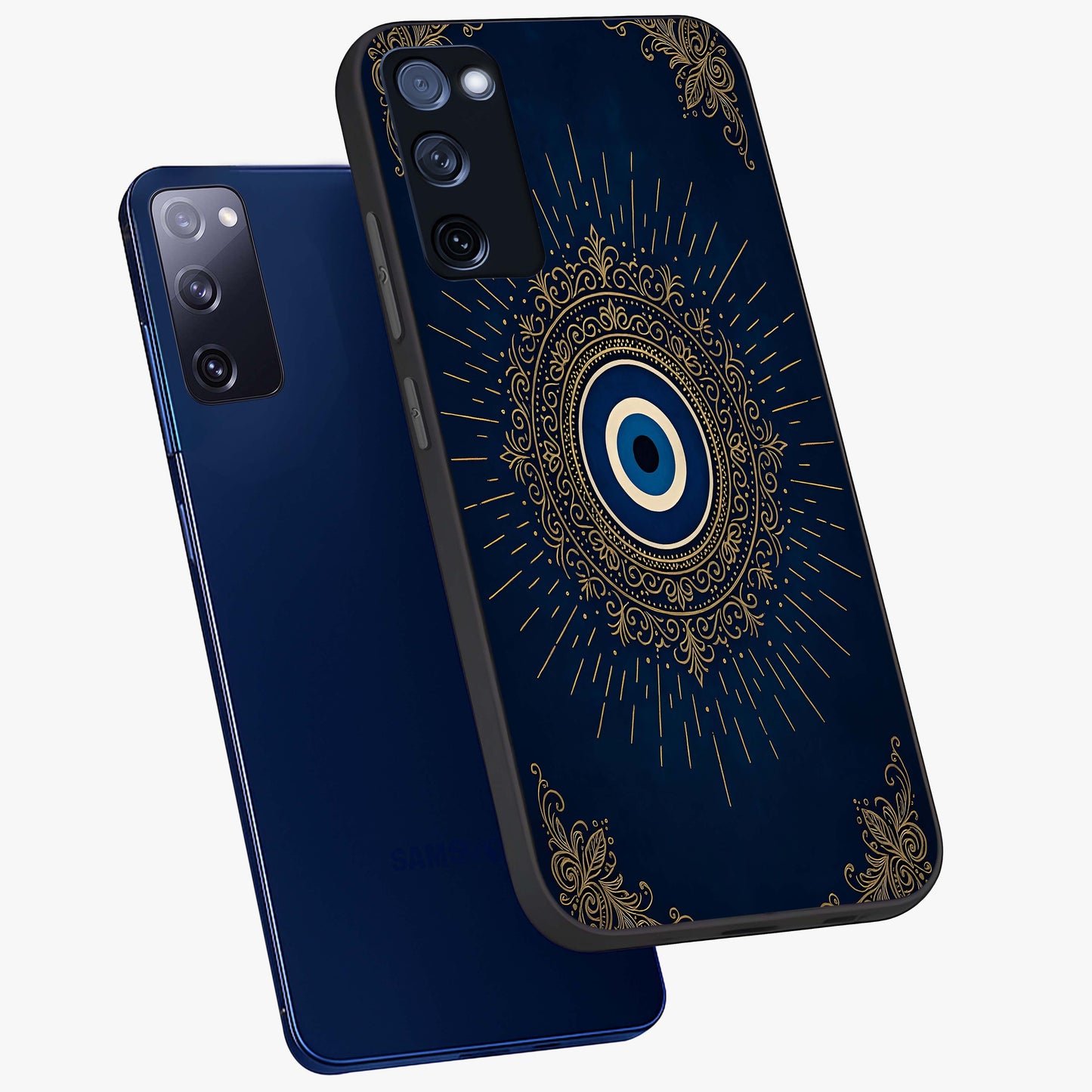 Golden Celestial Charm Glass Case displayed in angled mockup highlighting sparkling cosmic charm design with celestial aesthetic.