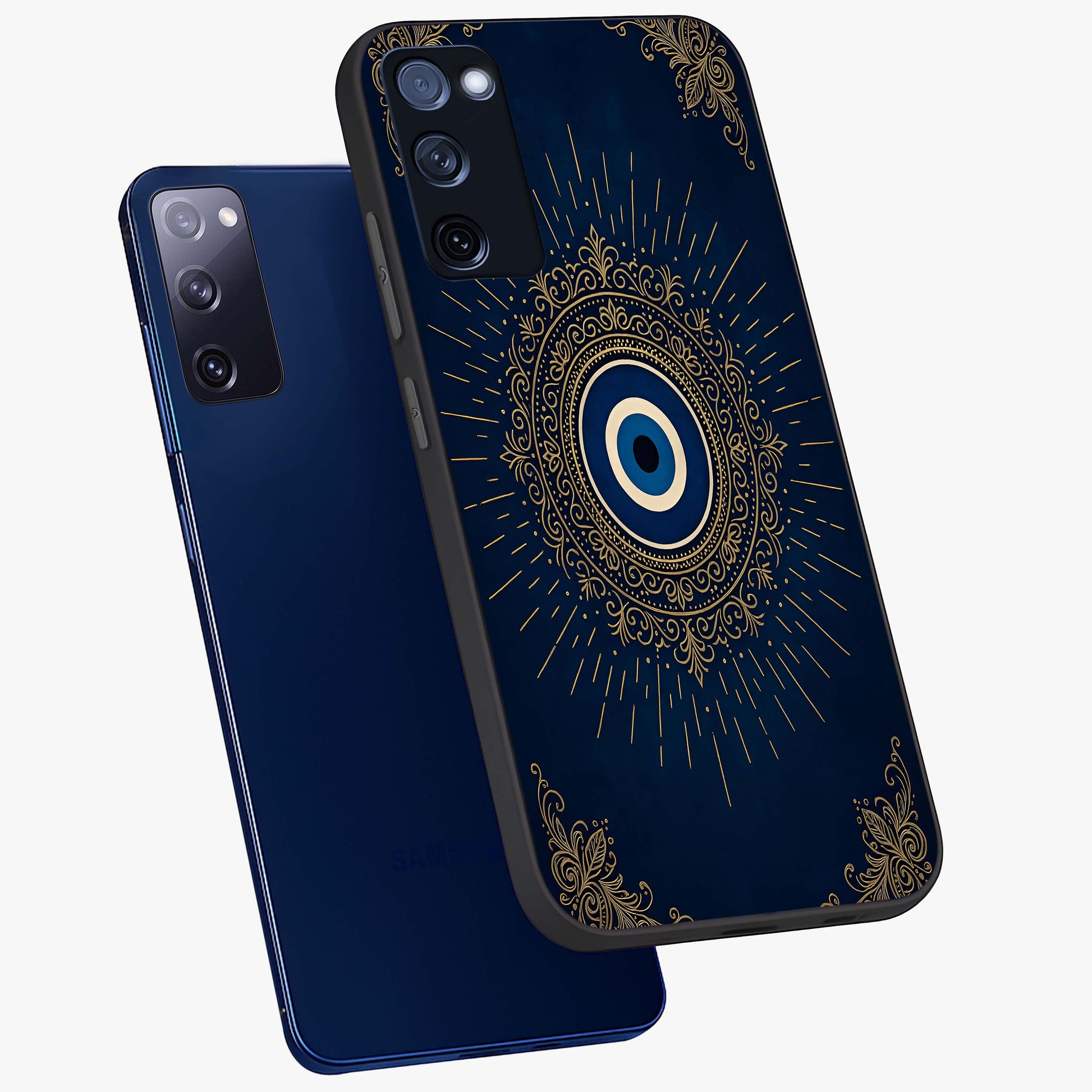 Golden Celestial Charm Glass Case displayed in angled mockup highlighting sparkling cosmic charm design with celestial aesthetic.