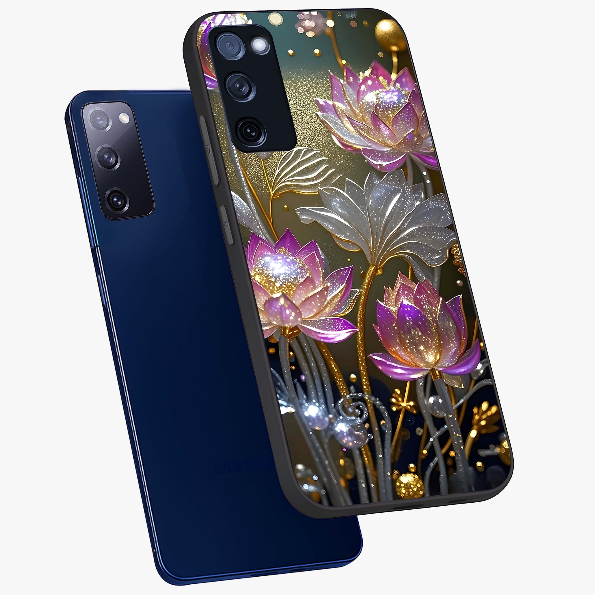 Golden Floral Majesty Glass Case displayed in angled mockup highlighting elegant flower design with royal golden aesthetic.