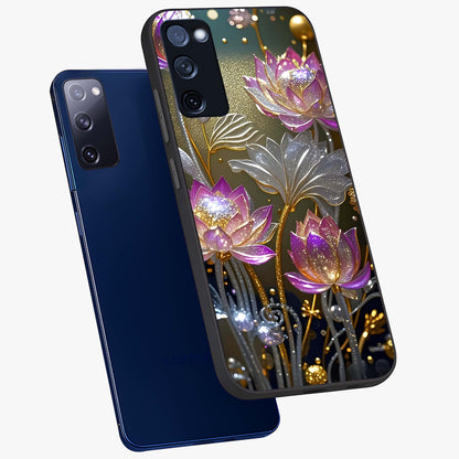 Golden Floral Majesty Glass Case displayed in angled mockup highlighting elegant flower design with royal golden aesthetic.