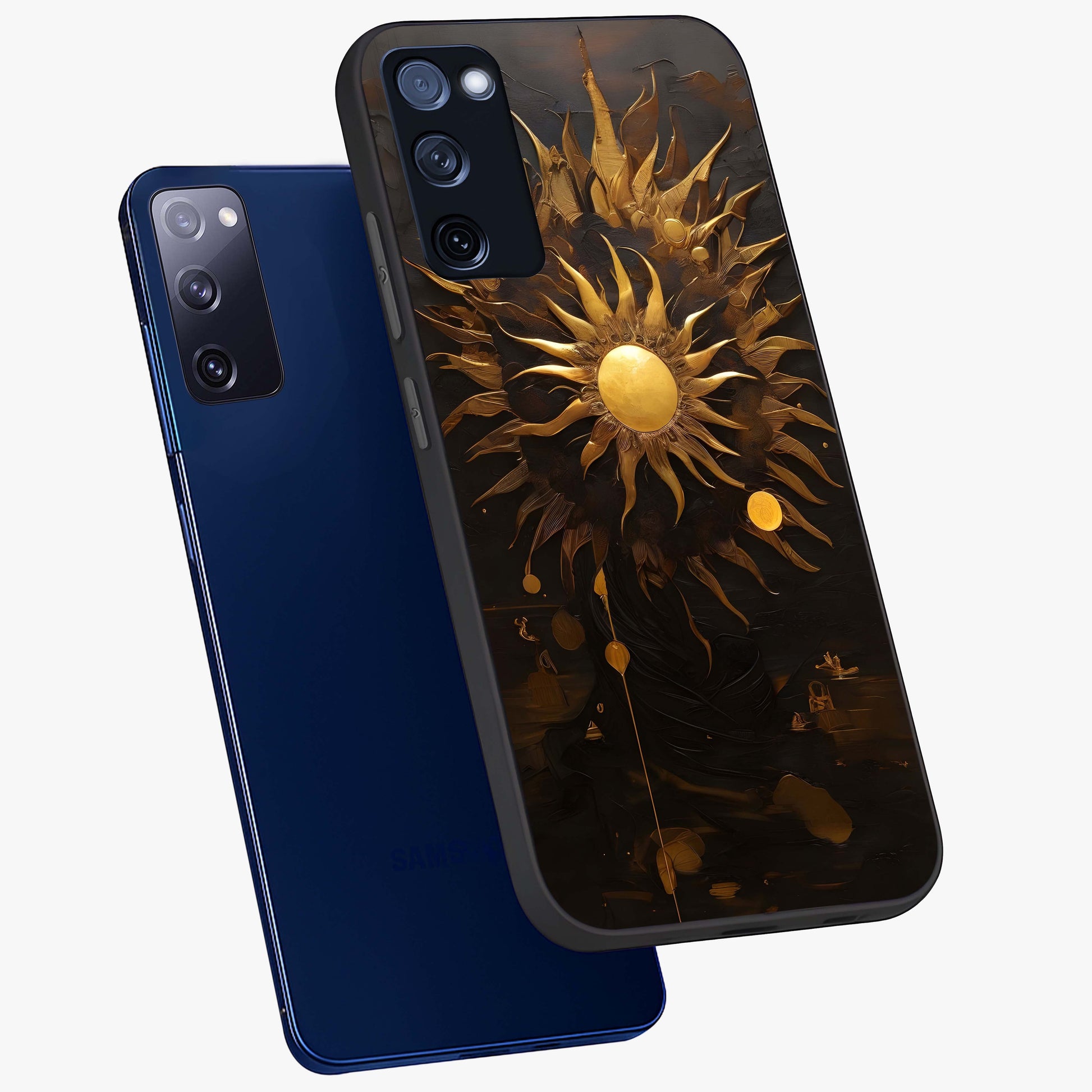 Golden Sun Majesty Glass Case displayed in angled mockup highlighting eerie shadow illustration with gothic aesthetic.