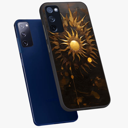 Golden Sun Majesty Glass Case displayed in angled mockup highlighting eerie shadow illustration with gothic aesthetic.