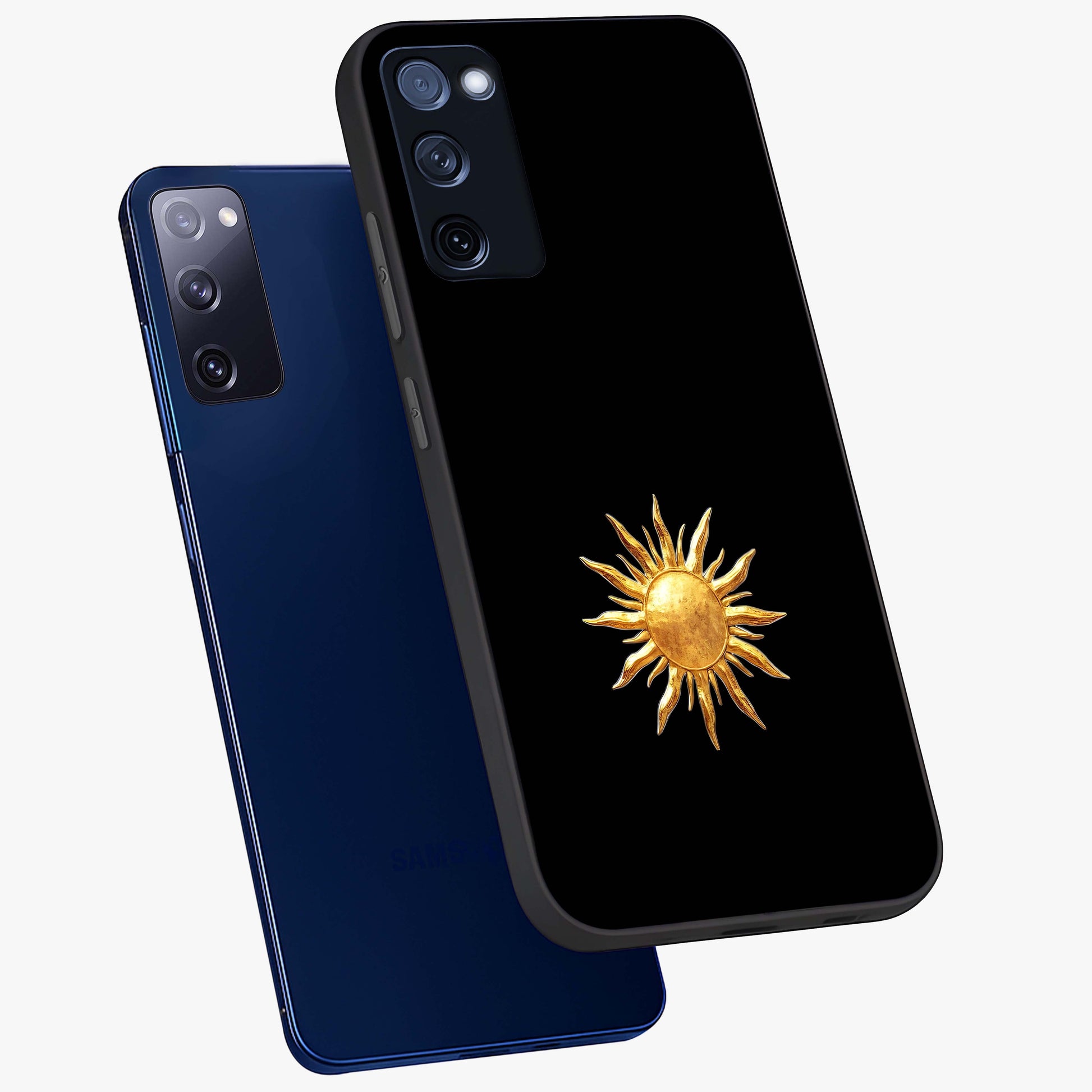 Golden Sun Minimalism Glass Case displayed in angled mockup highlighting eerie shadow illustration with gothic aesthetic.
