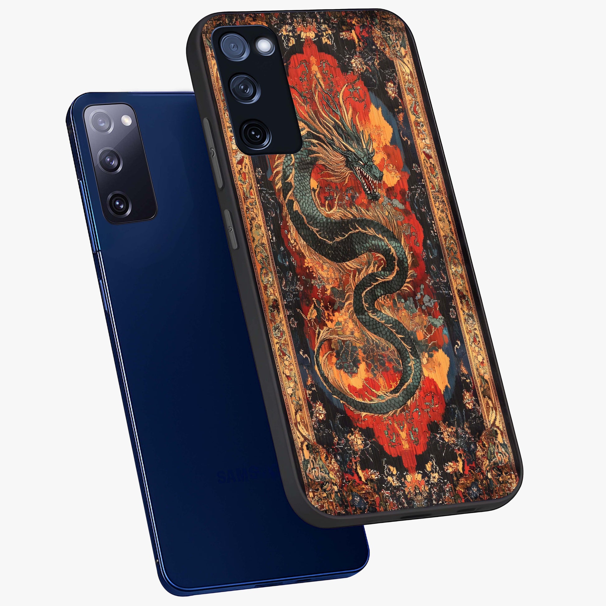 Inferno Dragon Soul Glass Case displayed in angled mockup highlighting powerful dragon illustration with inferno aesthetic.