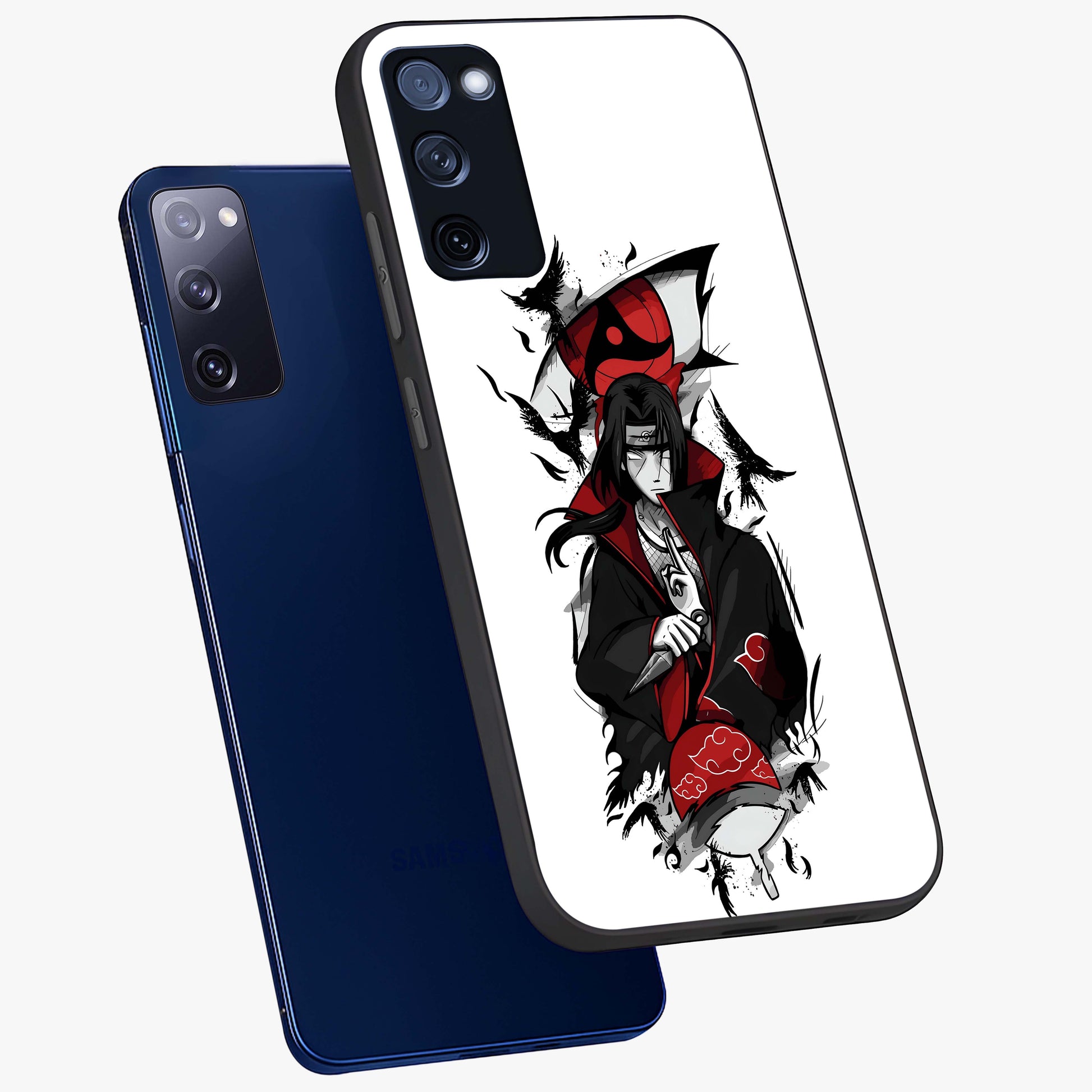 Itachi Limited Edition Naruto Anime Glass Case displayed in angled mockup highlighting dramatic anime illustration with bold action aesthetic.