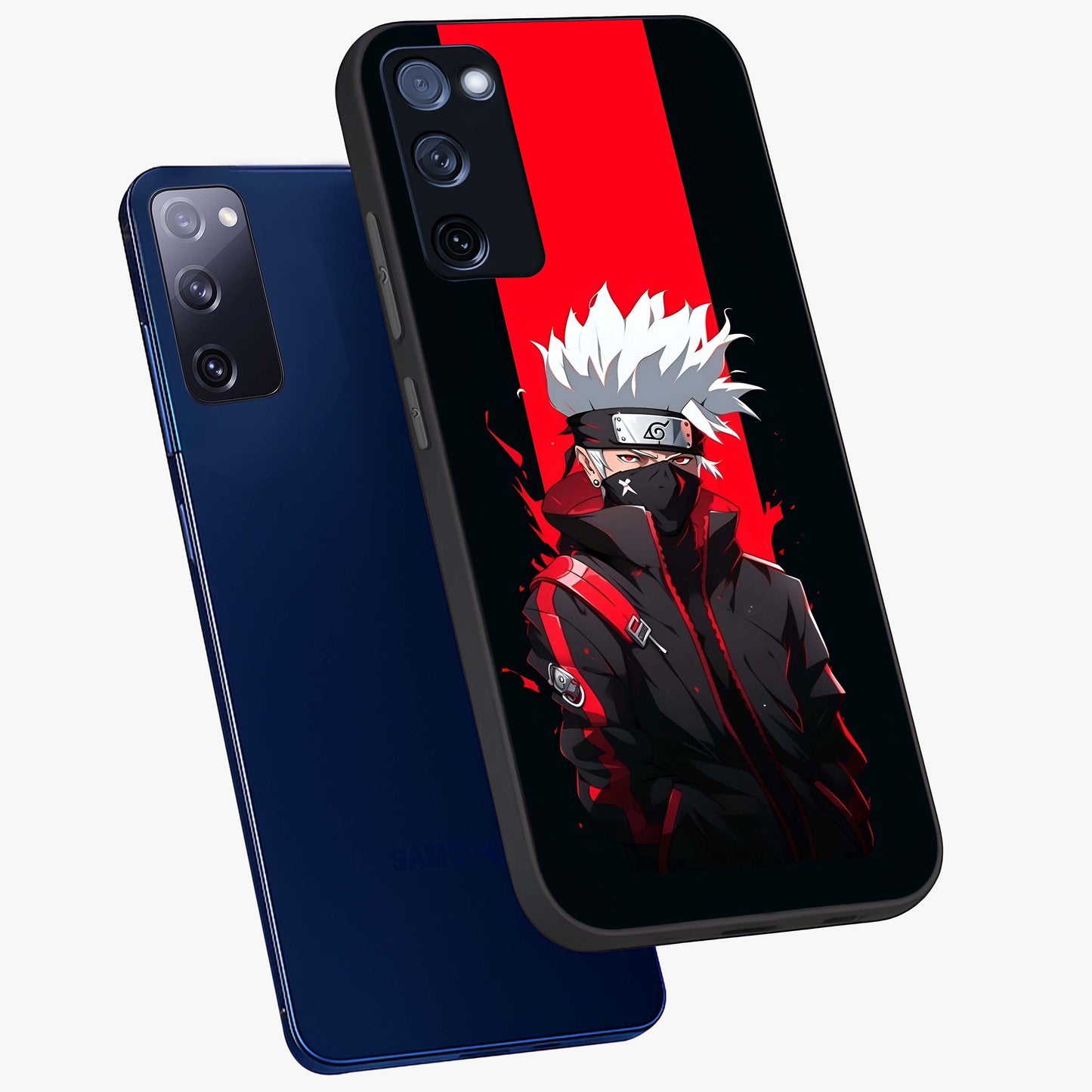 Kakashi Scarlet Shadow Glass Case displayed in angled mockup highlighting dramatic ninja illustration with scarlet themed aesthetic.