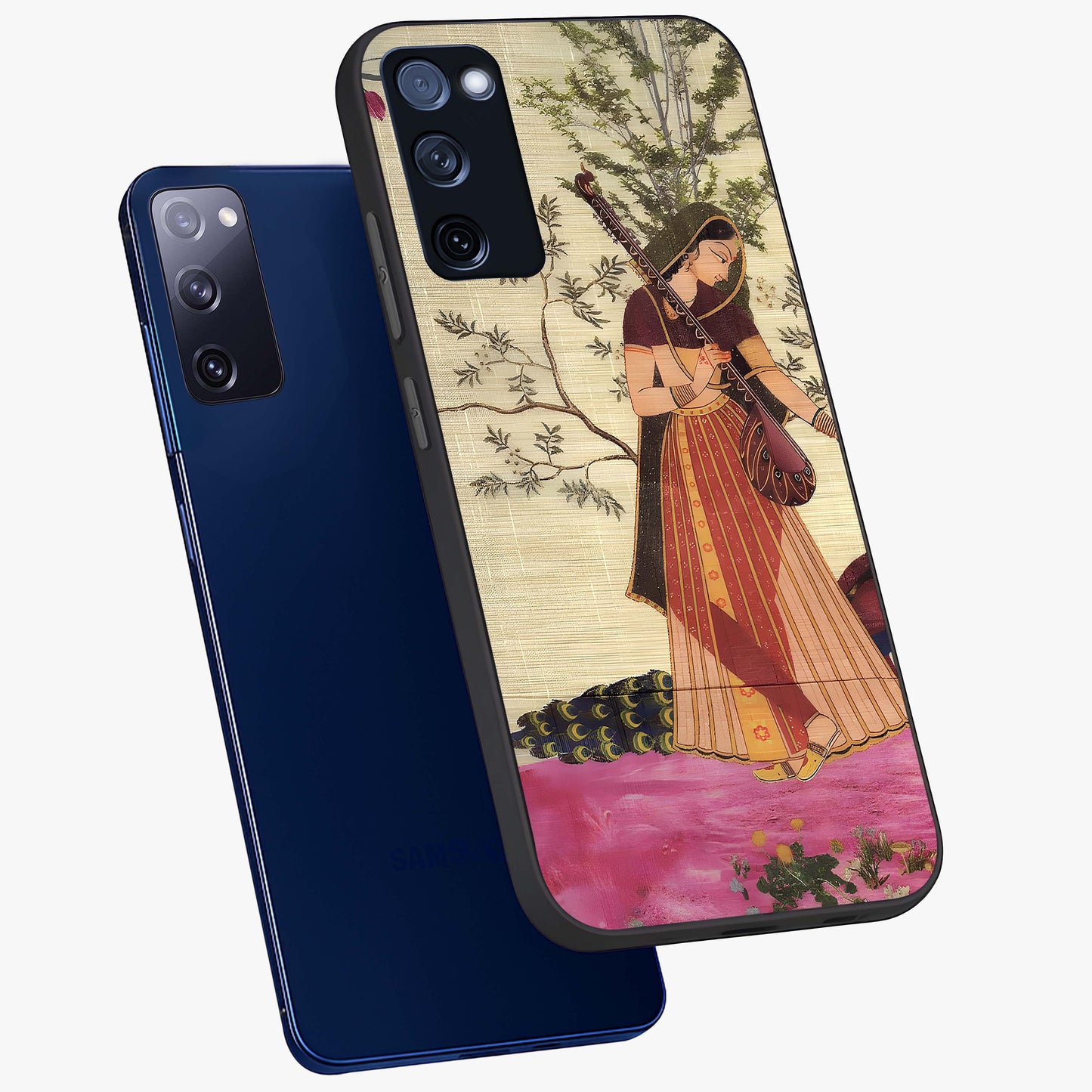 Lady With Veena Art Glass Case displayed in angled mockup highlighting graceful musical illustration with cultural artistic aesthetic.