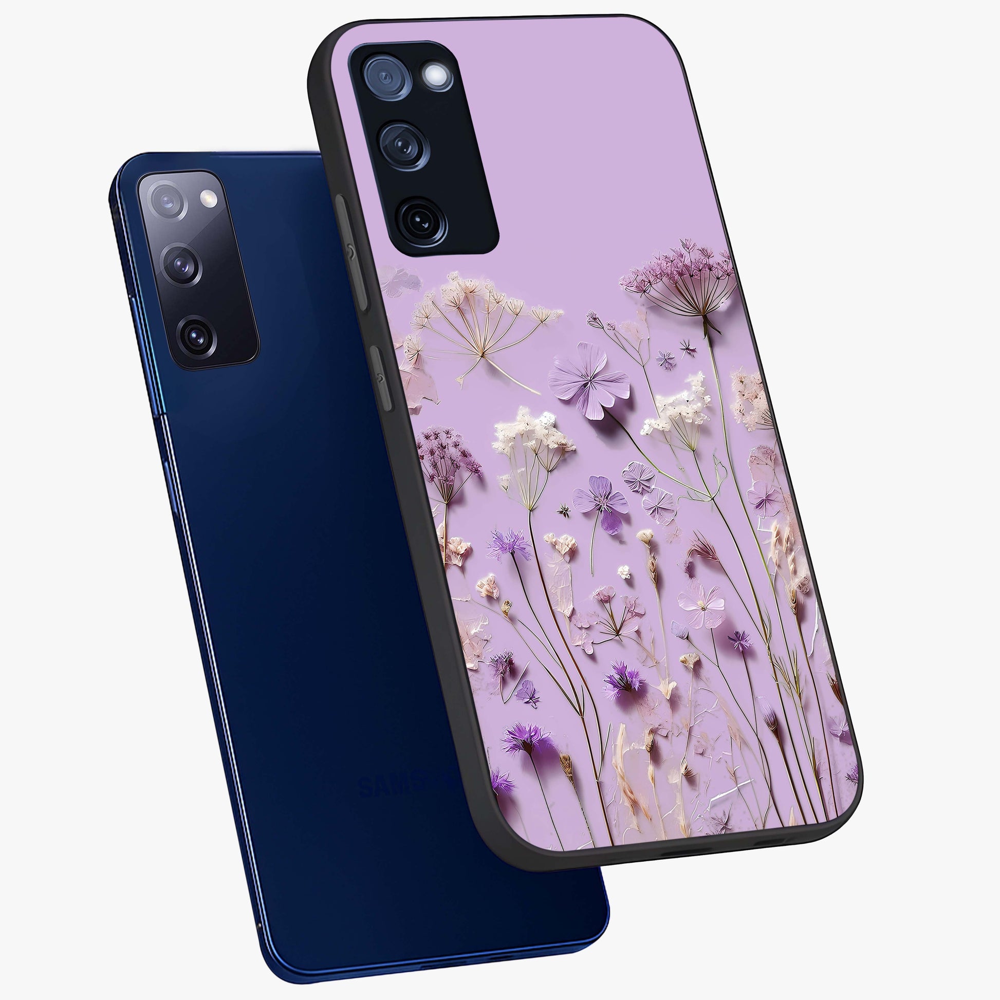 Lavender Blossom Dream Glass Case displayed in angled mockup highlighting dreamy lavender flower design with calming aesthetic style.