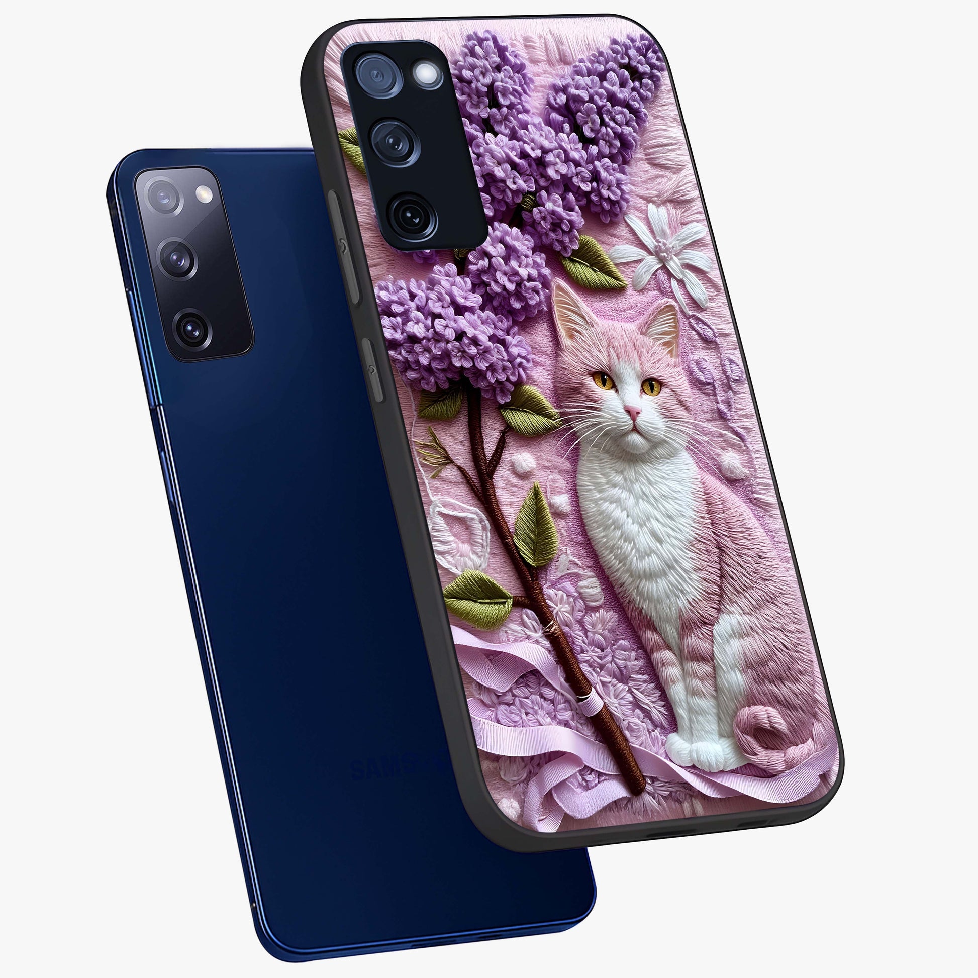 Lavender Cat Whimsy Glass Case displayed in angled mockup highlighting playful feline illustration with pastel lavender aesthetic.