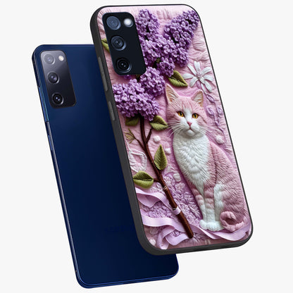 Lavender Cat Whimsy Glass Case displayed in angled mockup highlighting playful feline illustration with pastel lavender aesthetic.