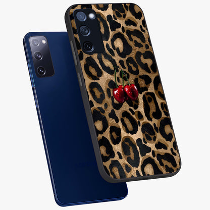 Leopard Wild Cherry Glass Case displayed in angled mockup highlighting bold animal print design with playful cherry aesthetic.