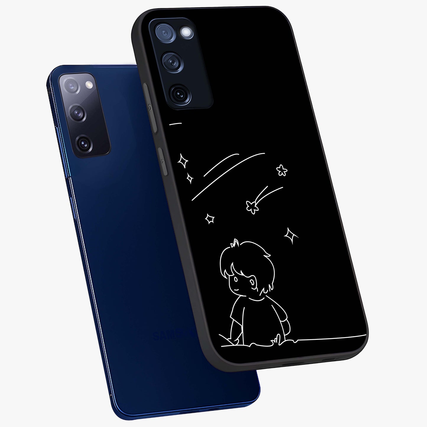 Line Art Boy With Shooting Stars Glass Case displayed in angled mockup highlighting elegant line art design with dreamy star aesthetic.