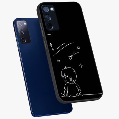 Line Art Boy With Shooting Stars Glass Case displayed in angled mockup highlighting elegant line art design with dreamy star aesthetic.