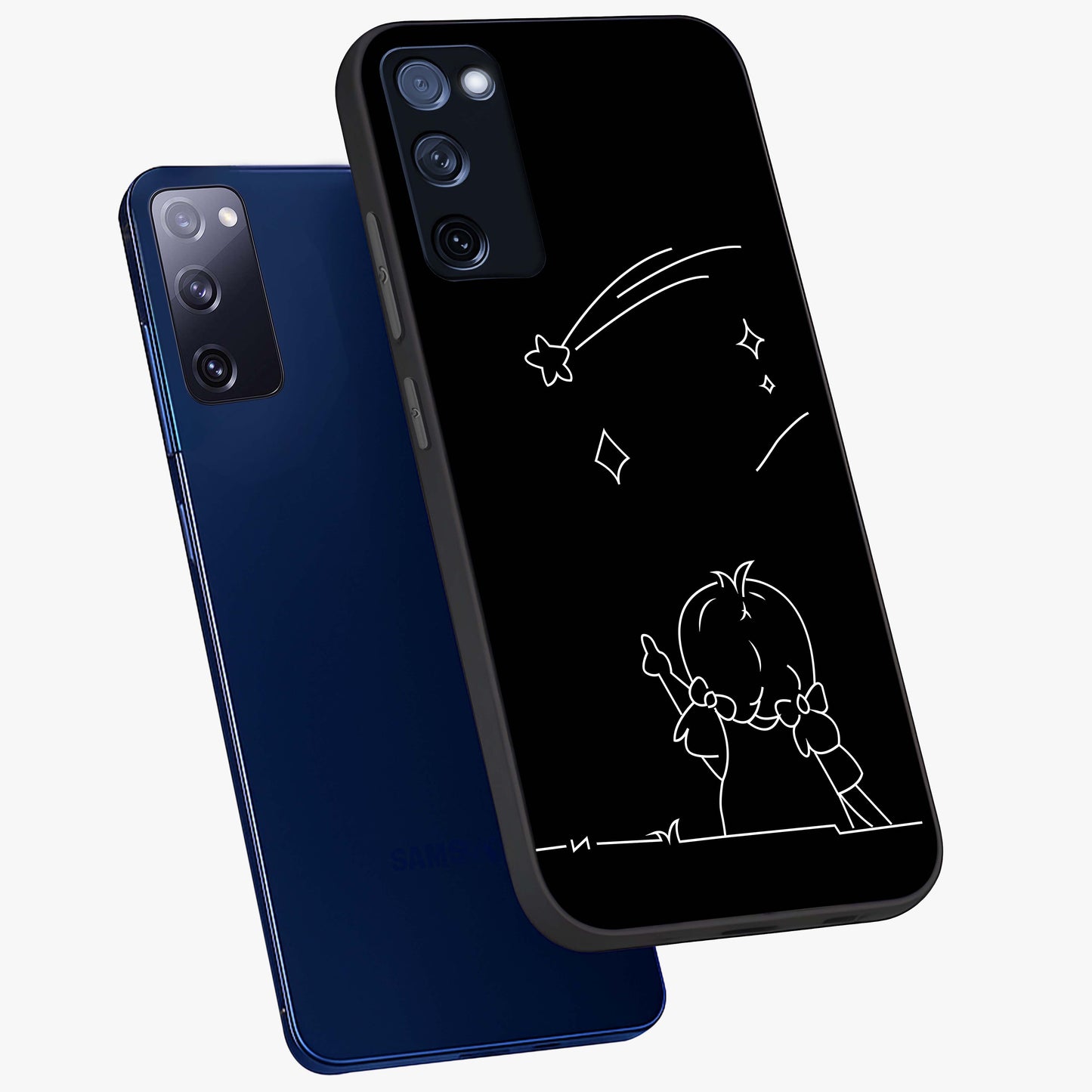 Line Art Girl With Shooting Stars Glass Case displayed in angled mockup highlighting elegant line art design with dreamy star aesthetic.
