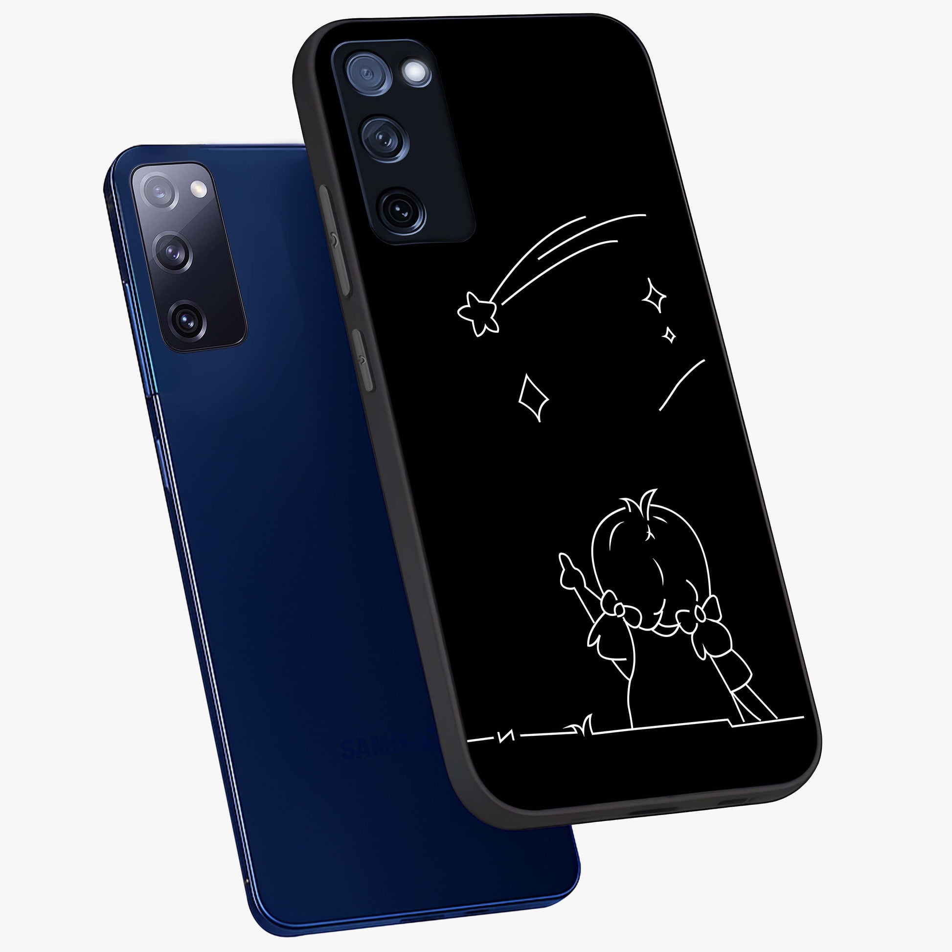 Line Art Girl With Shooting Stars Glass Case displayed in angled mockup highlighting elegant line art design with dreamy star aesthetic.