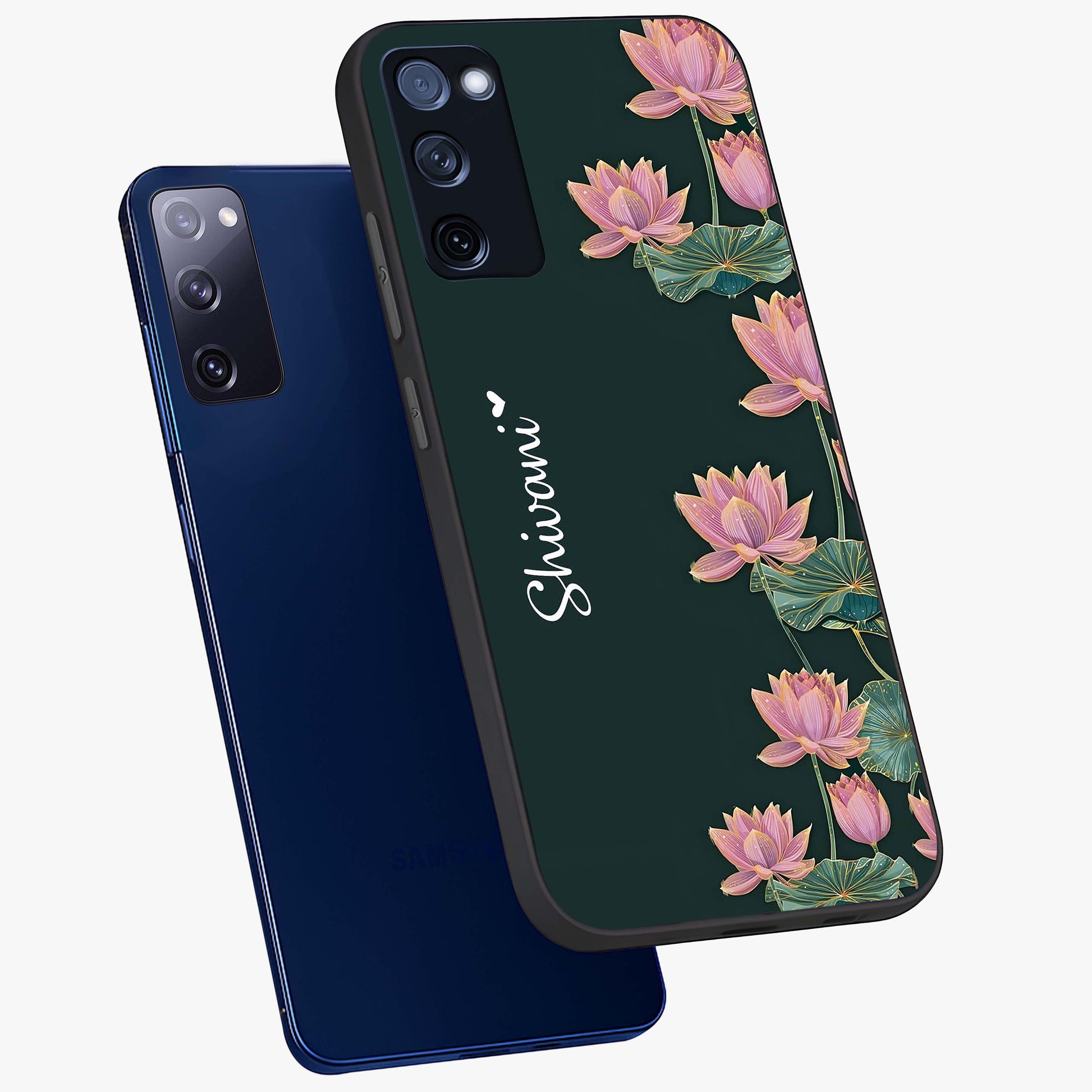 Lotus Bloom Serenity Custom Name Glass Case displayed in angled mockup highlighting graceful lotus illustration with custom name feature.