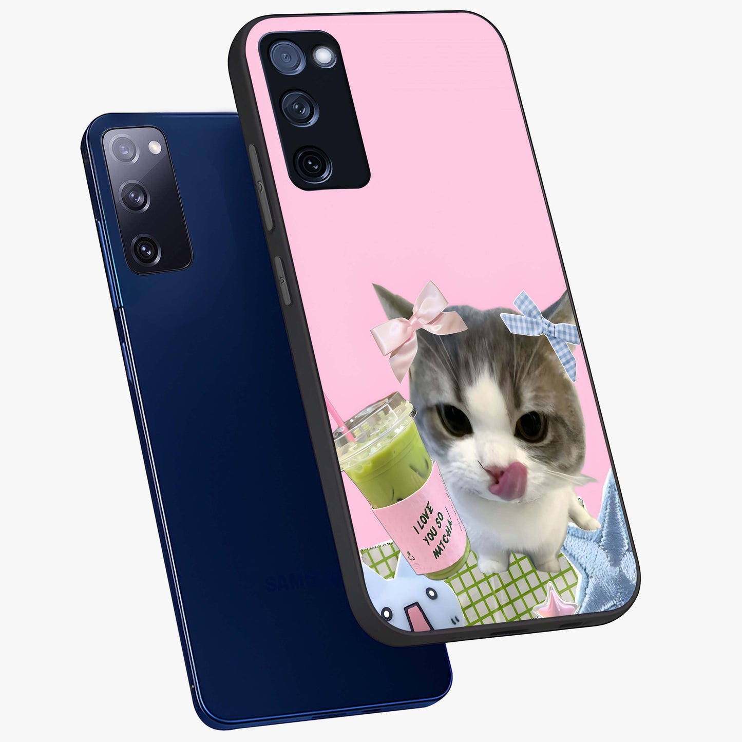 Love Matcha Cat Glass Case displayed in angled mockup highlighting playful feline illustration with cozy matcha aesthetic.