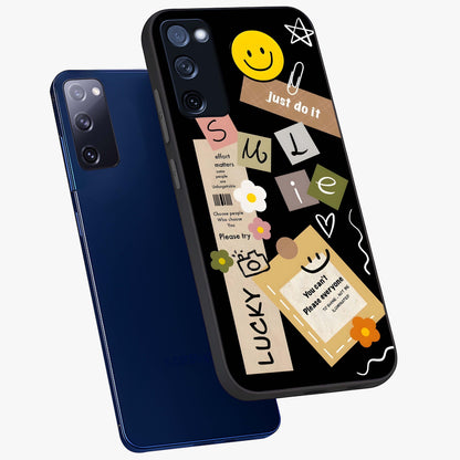 Lucky Aesthetic Collage Glass Case displayed in angled mockup highlighting stylish collage pattern with modern aesthetic vibe.