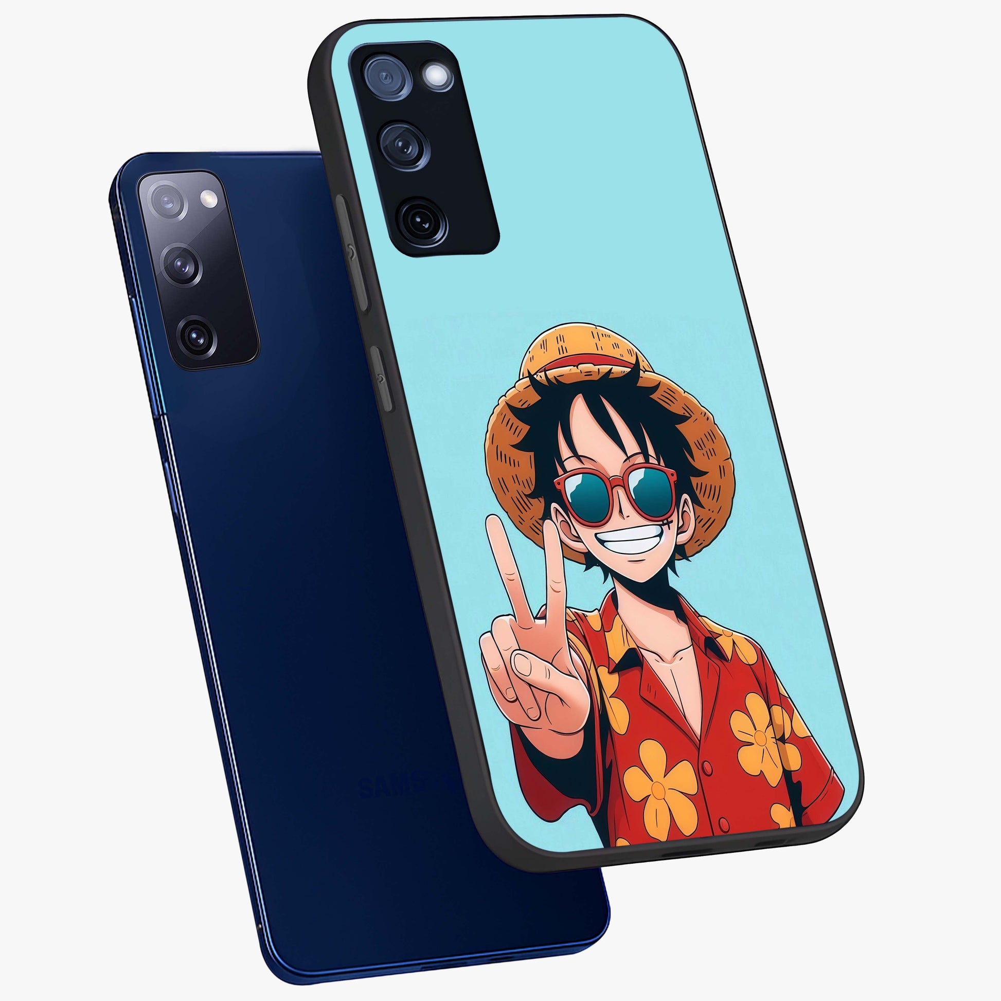 Luffy Summer Anime Vibe Glass Case displayed in angled mockup highlighting energetic anime illustration with summer vibe aesthetic.