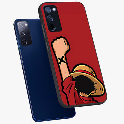 Luffy X Spirit Glass Case displayed in angled mockup highlighting powerful anime design with energetic action aesthetic.