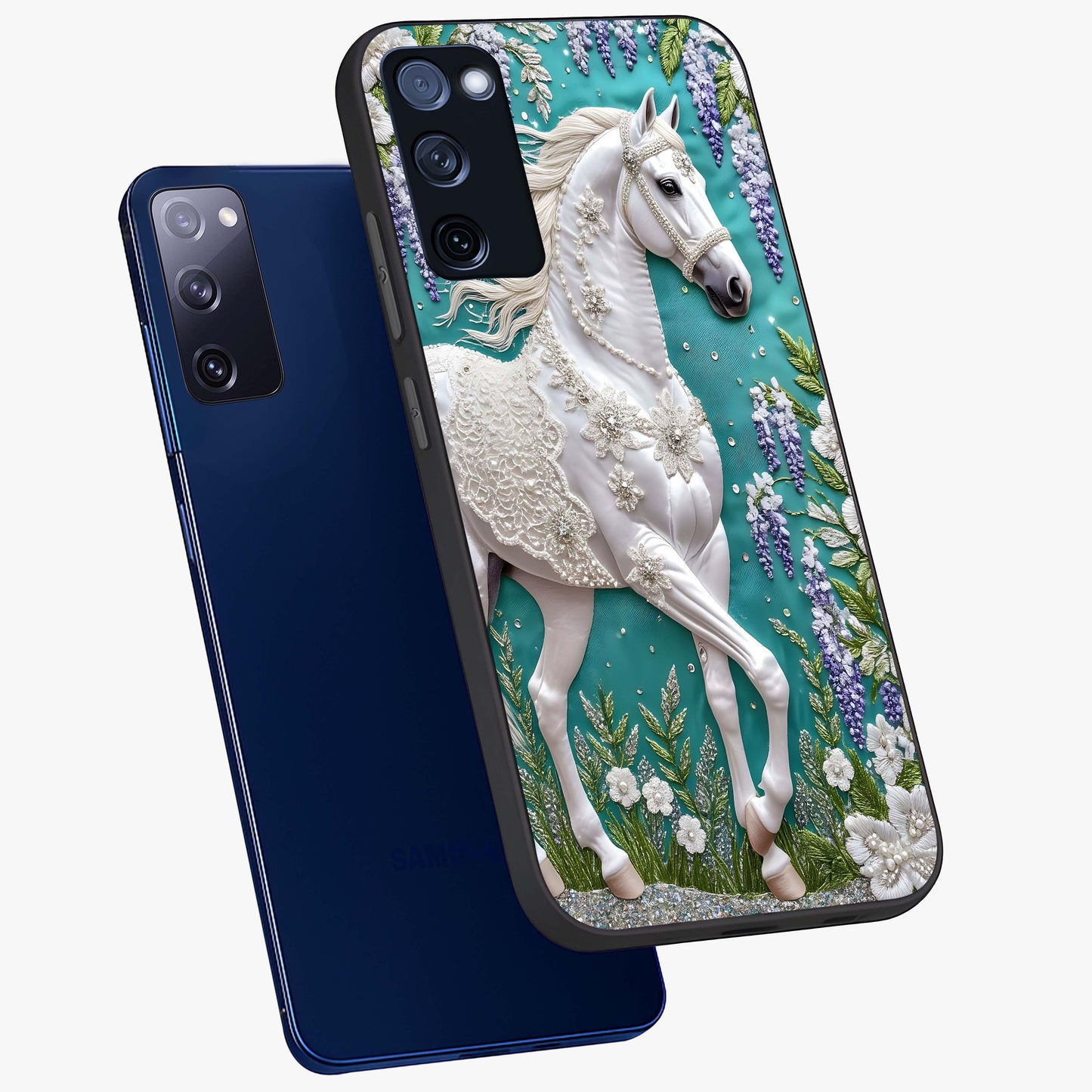 Majestic Floral Stallion Glass Case displayed in angled mockup highlighting majestic stallion illustration with elegant floral aesthetic.