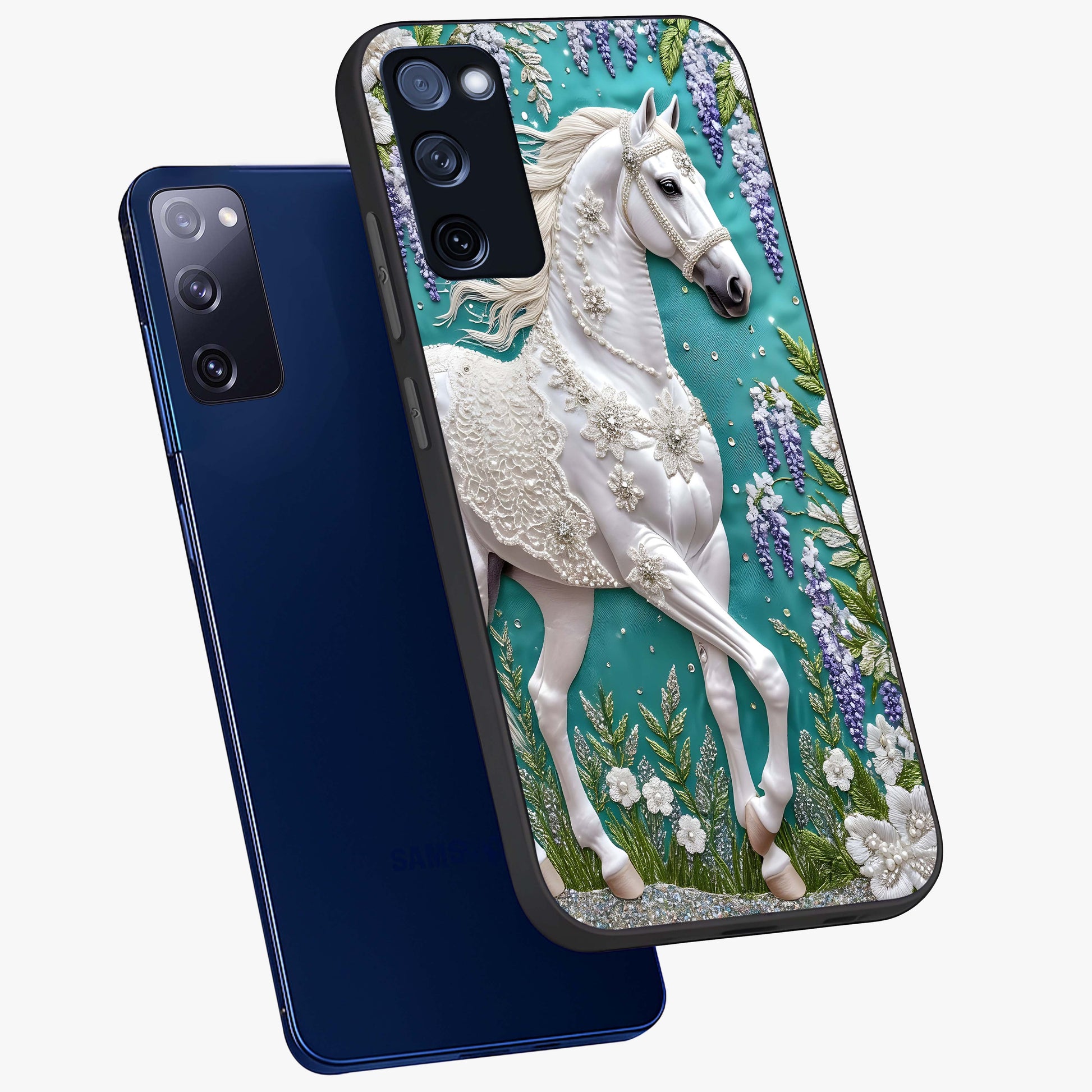 Majestic Floral Stallion Glass Case displayed in angled mockup highlighting majestic stallion illustration with elegant floral aesthetic.