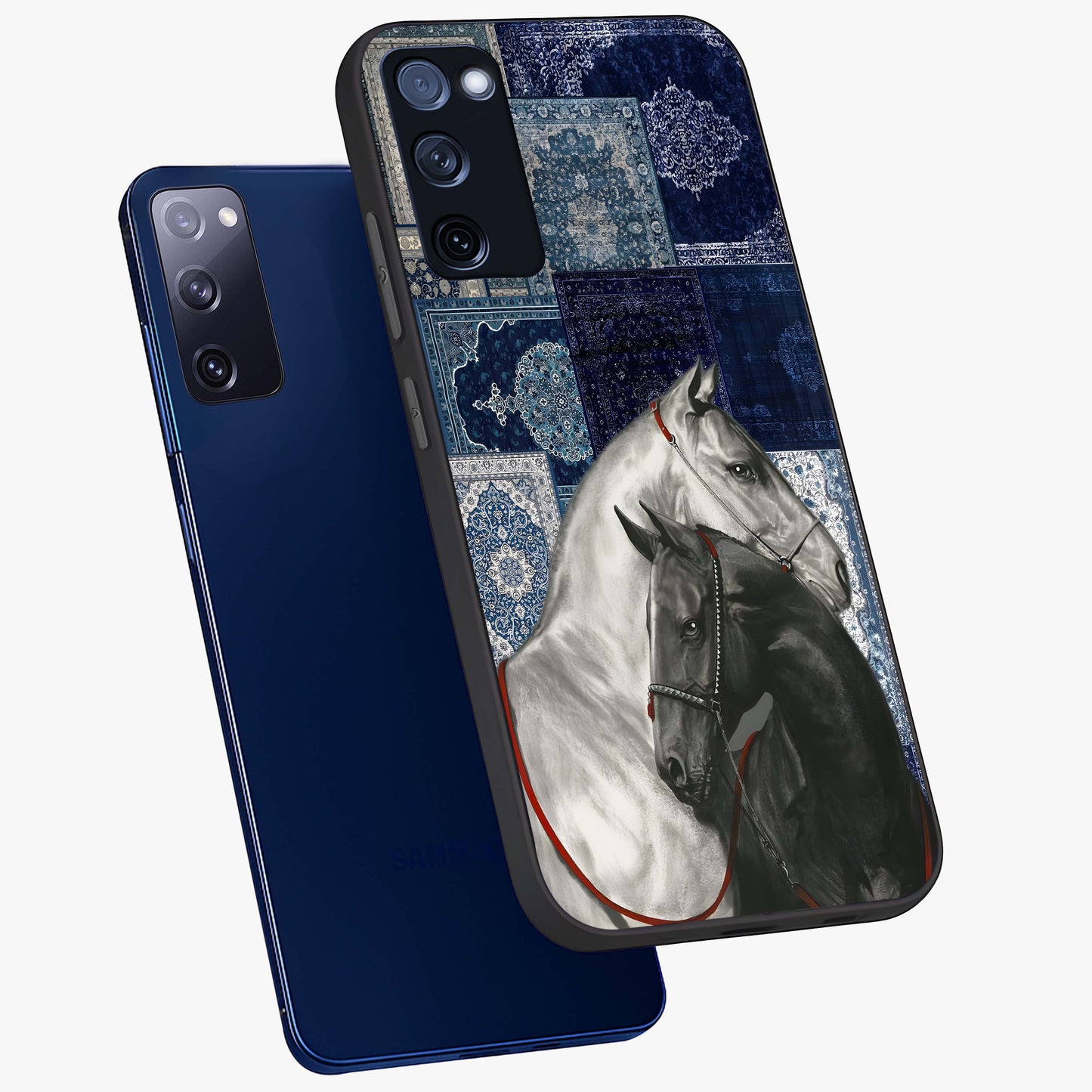 Midnight Stallion Blues Glass Case displayed in angled mockup highlighting powerful stallion illustration with deep midnight tones.