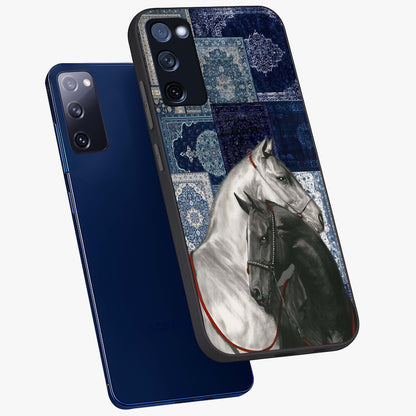Midnight Stallion Blues Glass Case displayed in angled mockup highlighting powerful stallion illustration with deep midnight tones.