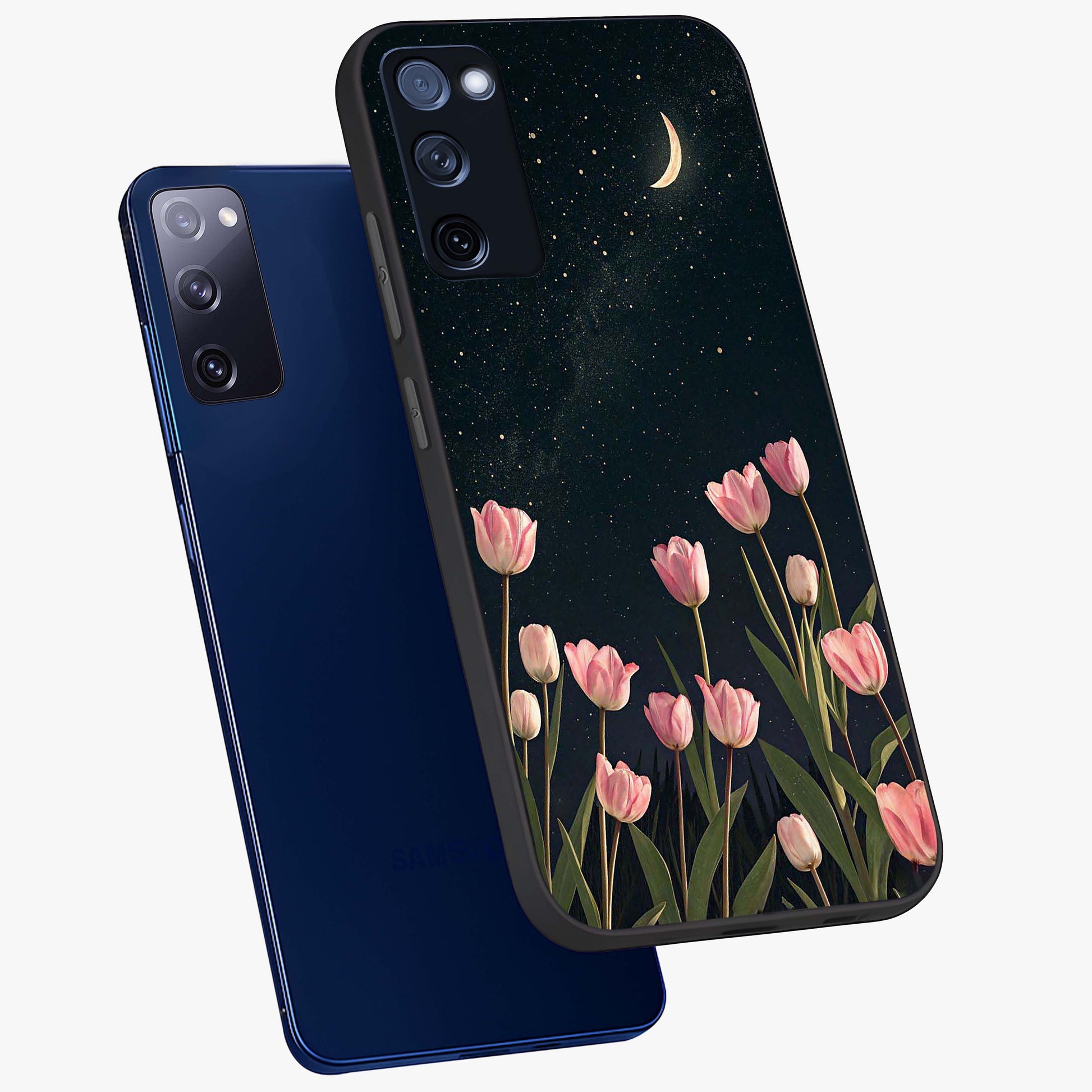 Midnight Tulip Whispers Vibe Glass Case displayed in angled mockup highlighting delicate tulip design with midnight floral aesthetic.
