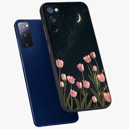 Midnight Tulip Whispers Vibe Glass Case displayed in angled mockup highlighting delicate tulip design with midnight floral aesthetic.