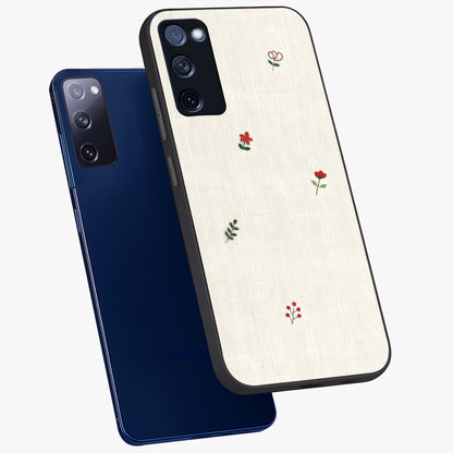 Minimalistic Blue With White Flower Pattern Glass Case displayed in angled mockup highlighting simple floral design with minimal aesthetic.