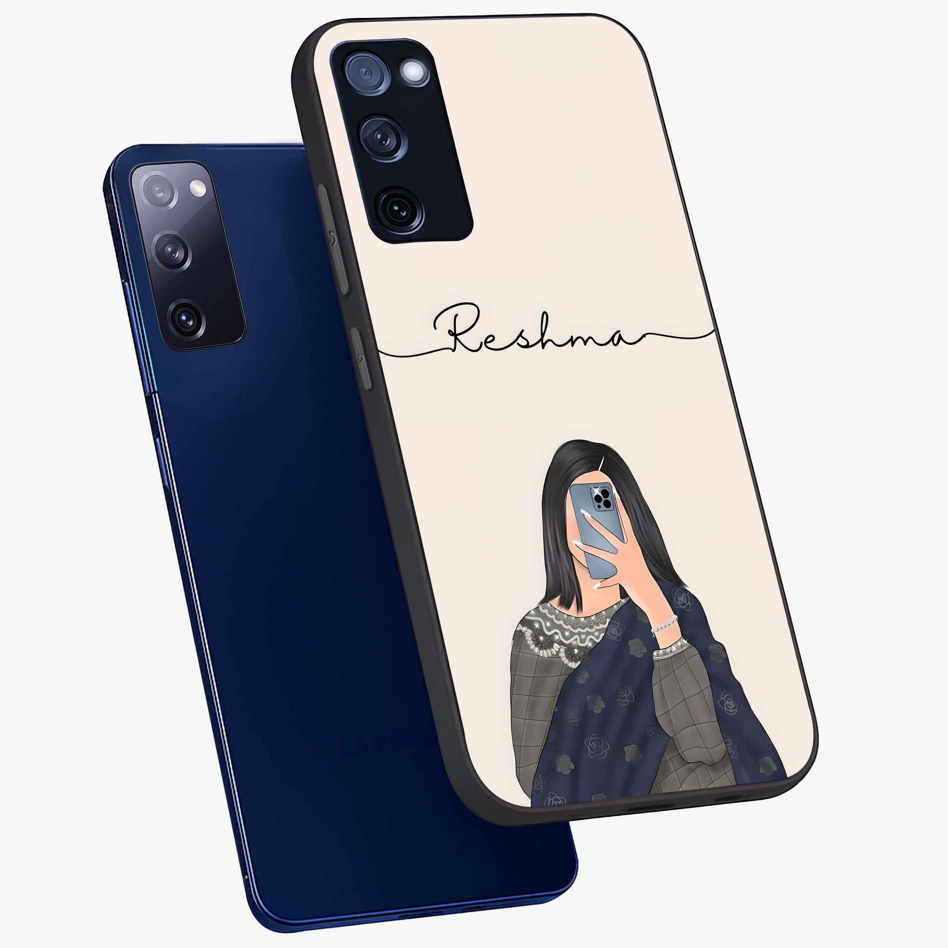 Mirror Mood Muse With Custom Name Glass Case displayed in angled mockup highlighting aesthetic mirror inspired design with custom name feature.