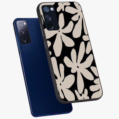 Monochrome Petal Dance Glass Case displayed in angled mockup highlighting elegant petal design with black and white aesthetic.