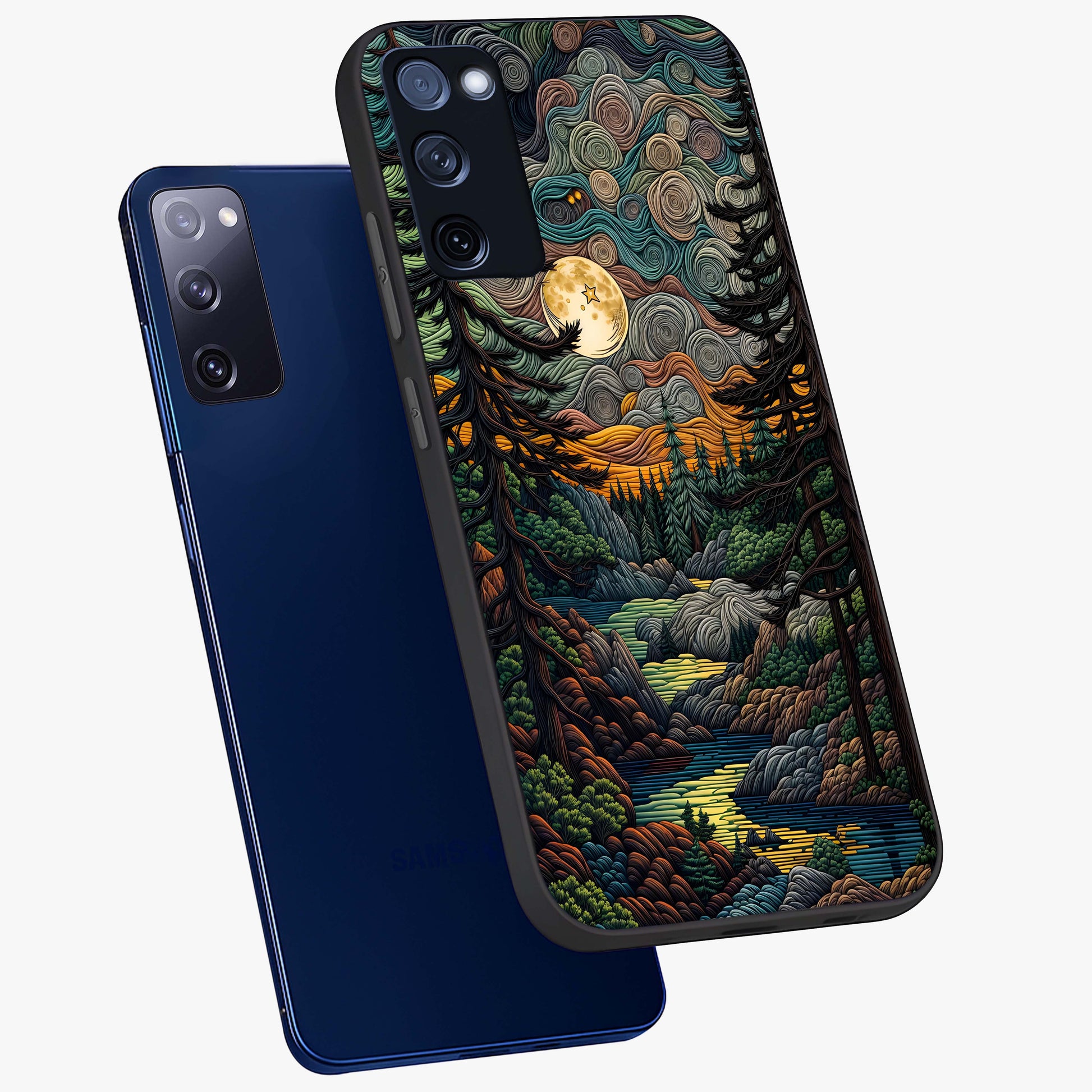 Moonlight Forest Dream Glass Case displayed in angled mockup highlighting dreamy forest design with glowing moon aesthetic.