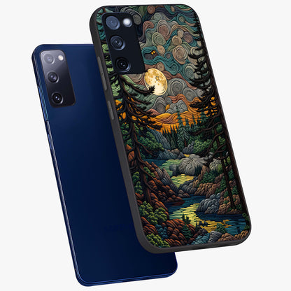 Moonlight Forest Dream Glass Case displayed in angled mockup highlighting dreamy forest design with glowing moon aesthetic.