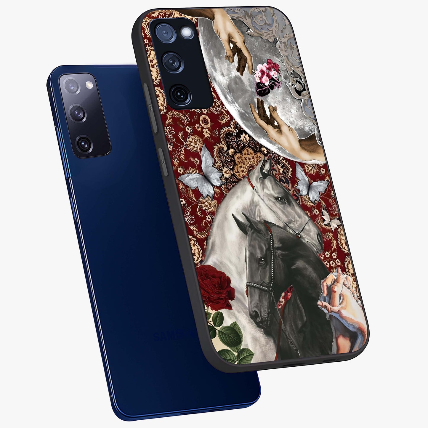 Moonlit Royal Stallion Glass Case displayed in angled mockup highlighting powerful stallion illustration with royal night aesthetic.