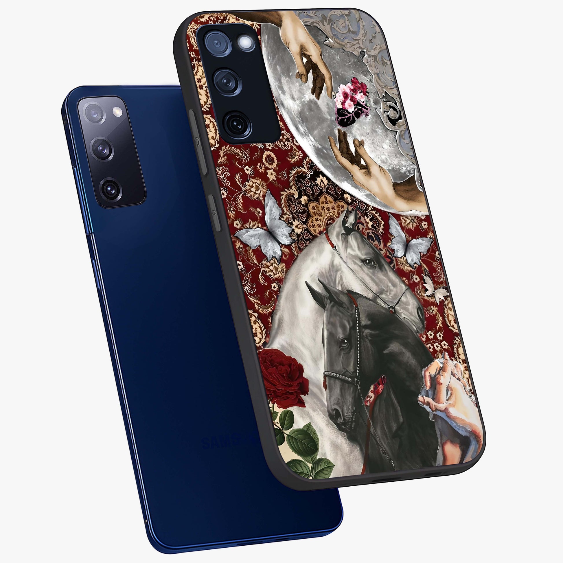 Moonlit Royal Stallion Glass Case displayed in angled mockup highlighting powerful stallion illustration with royal night aesthetic.