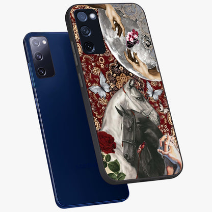 Moonlit Royal Stallion Glass Case displayed in angled mockup highlighting powerful stallion illustration with royal night aesthetic.