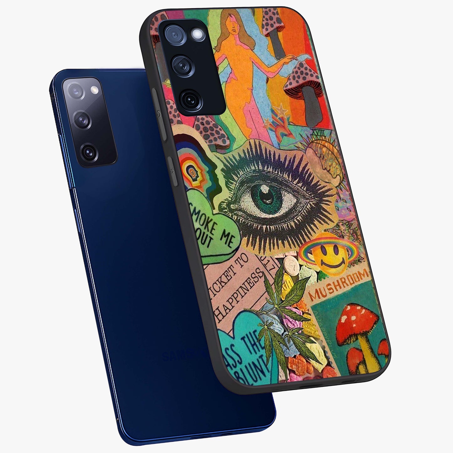 Mystic Eye Wonderland Glass Case displayed in angled mockup highlighting magical eye illustration with dreamy aesthetic.