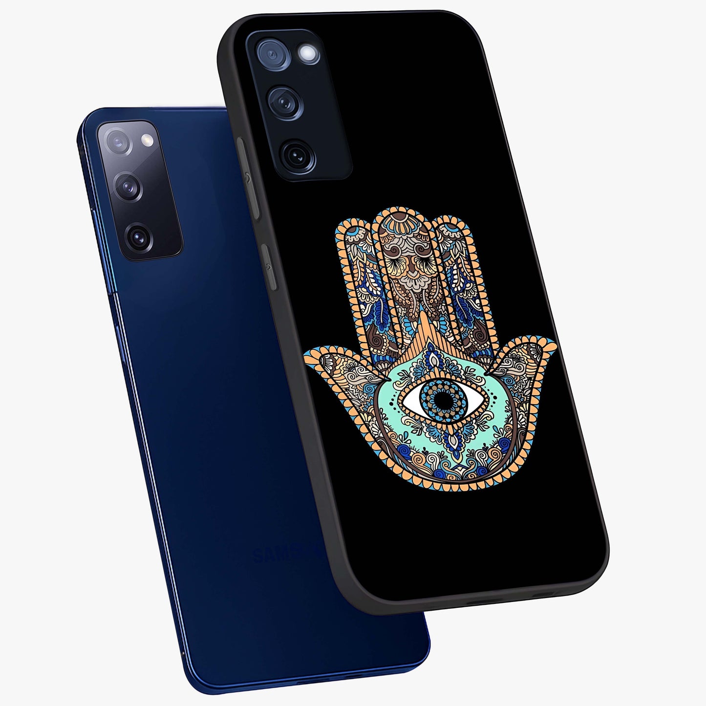 Mystic Hamsa Eye Glass Case displayed in angled mockup highlighting spiritual hamsa symbol with mystical aesthetic style.