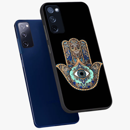 Mystic Hamsa Eye Glass Case displayed in angled mockup highlighting spiritual hamsa symbol with mystical aesthetic style.