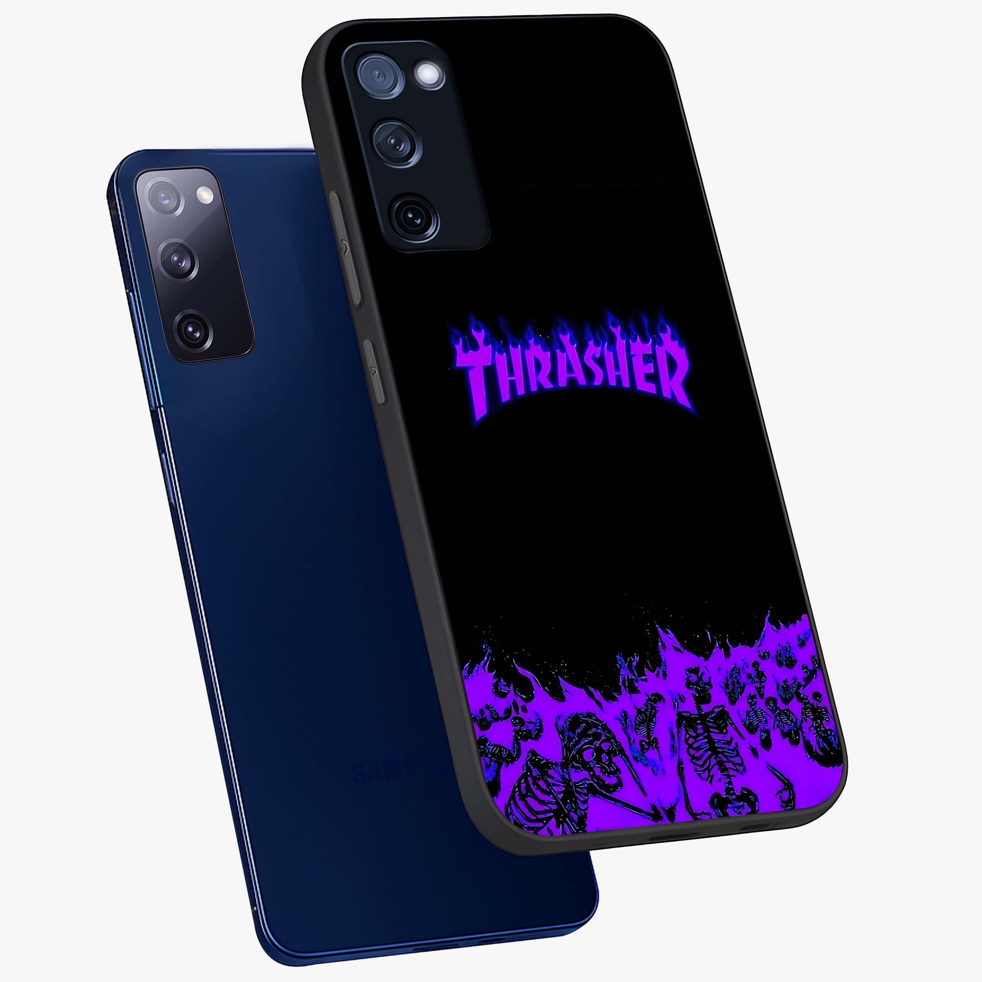 Neon Flame Riot Glass Case displayed in angled mockup highlighting glowing flame design with vibrant neon aesthetic.